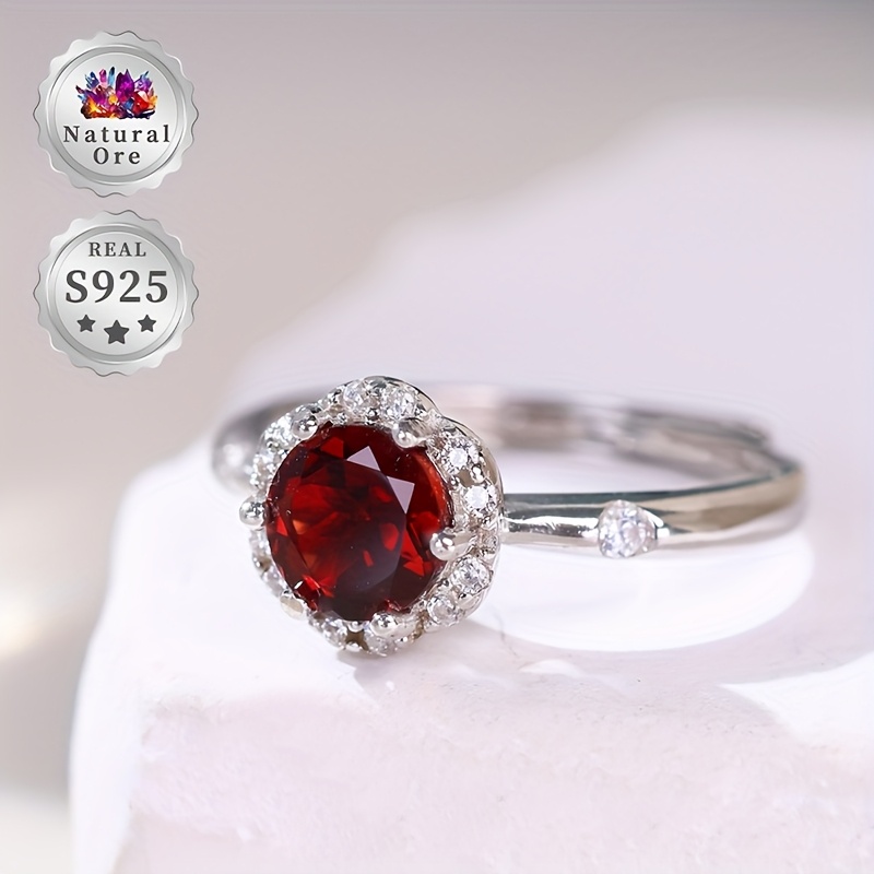 Women's Adjustable S925 Silver Red Garnet Ring, Wedding Gift